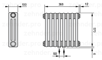 Схема (чертеж) Радиатор Zehnder Charleston 3057/8 №5410 Белый глянцевый RAL 9016